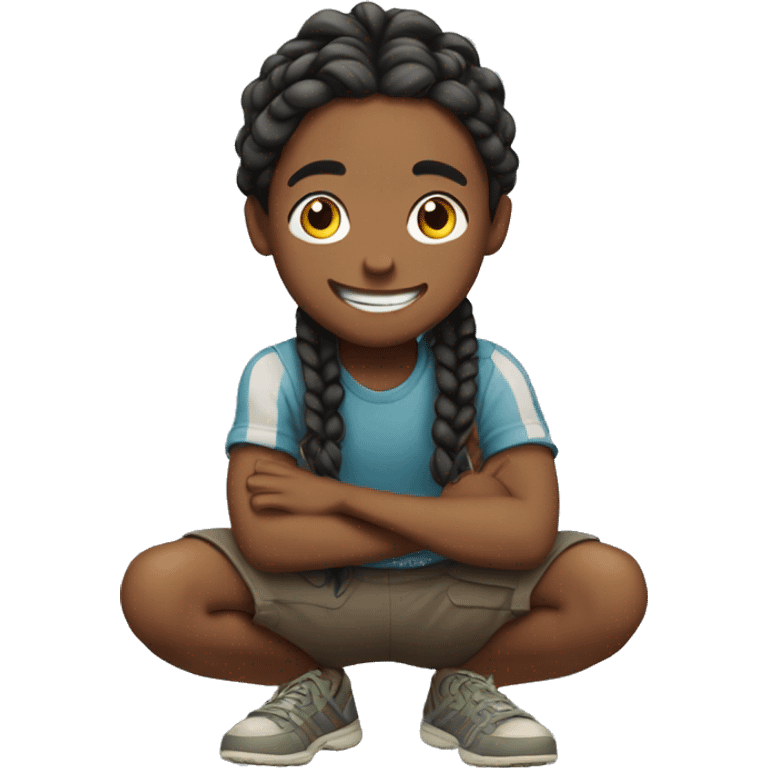 happy boy squatting outdoors with braids  emoji