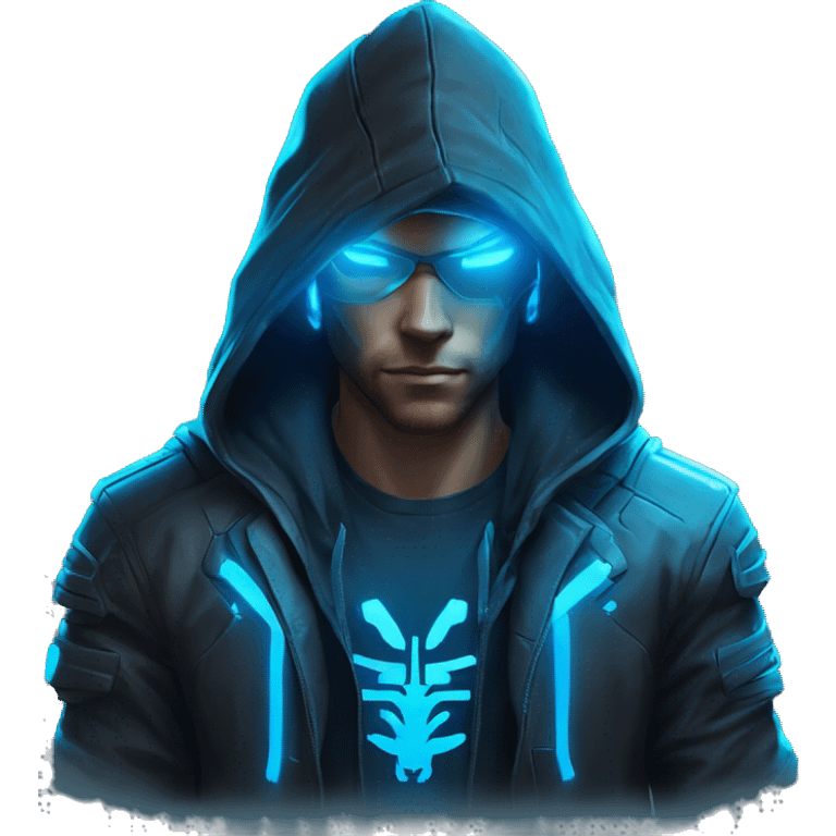 developer behind his laptop with this style : crysis Cyberpunk Valorant neon glowing bright blue character blue black hooded assassin themed character emoji