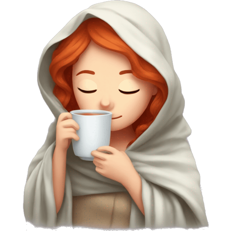 red hair girl wrapped in blanket drinking tea with eyes closed emoji