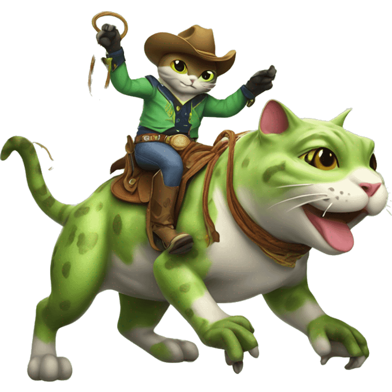 Cowboy cat with a lasso riding on top of a bull frog  emoji