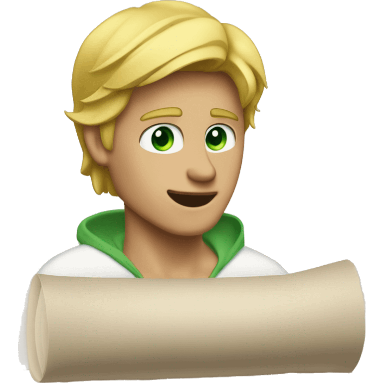 a light-skinned blonde green-eyed man sitting in front of the paper scroll emoji