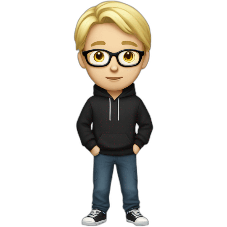 realistic thin white teenager with blond hair.  He is cross-eyed and wears black glasses.  He is also wearing a white hooded sweatshirt.  he has black eyes and a long face. emoji