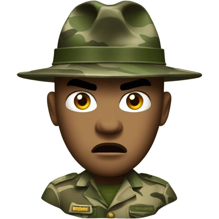 drill sergeant character wearing a classic sergeant hat and a camouflage army shirt. The character should have an angry intense expression. full torso emoji