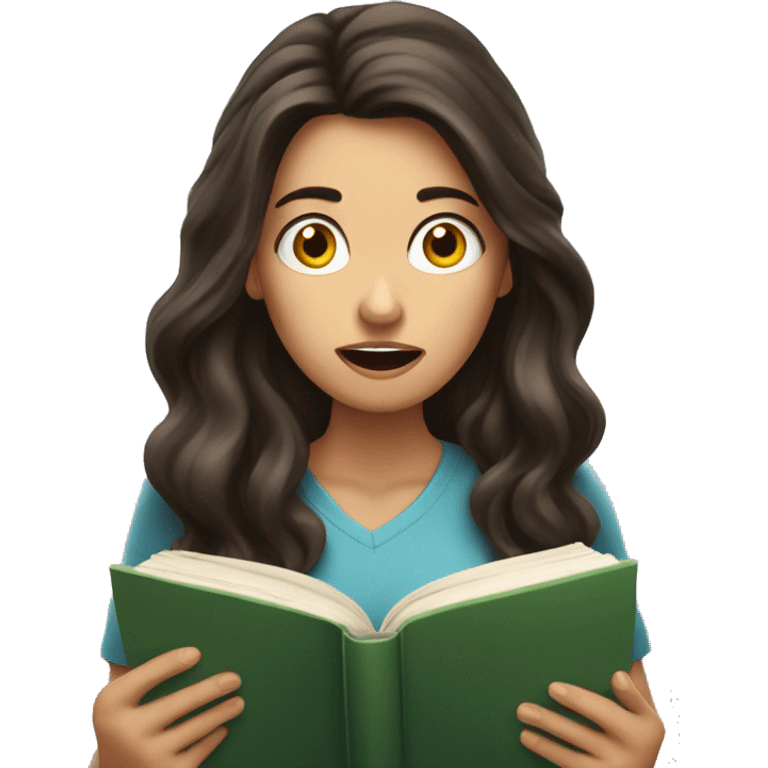 brunette long wavy hair woman shocked face while holding and reading book emoji