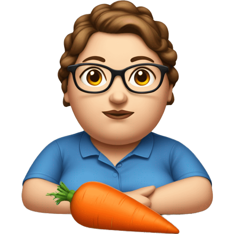 Fat lady with brown hair in a bun wearing glasses and a blue shirt staring at a carrot on a brown desk emoji