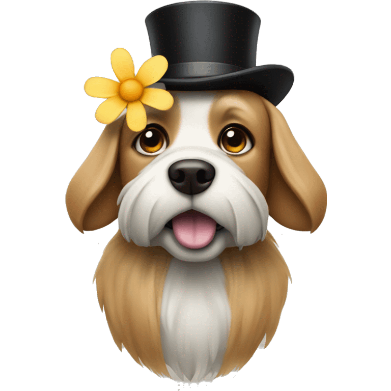 A dog with top hat looking at flower emoji