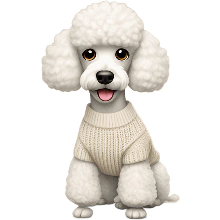 medium sized white poodle wearing a creme knitted sweater emoji