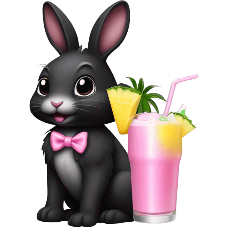 Dark Black bunny, wearing a pink bow, holding a pina colada emoji