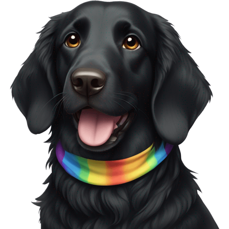 Black Flat coated retriever with small ears wearing rainbow bandana emoji