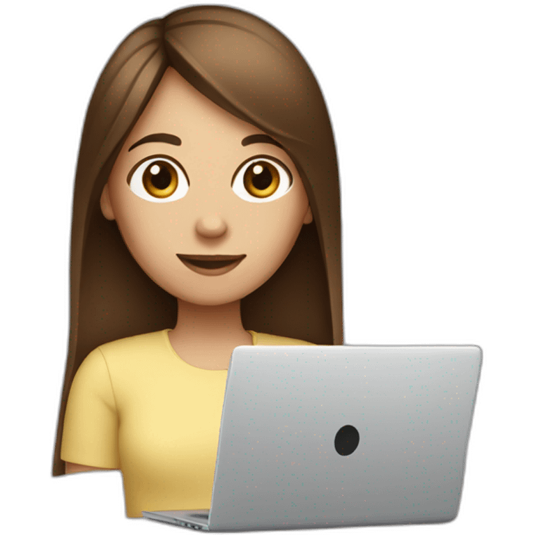 a girl with straight brown hair with a square behind a laptop emoji