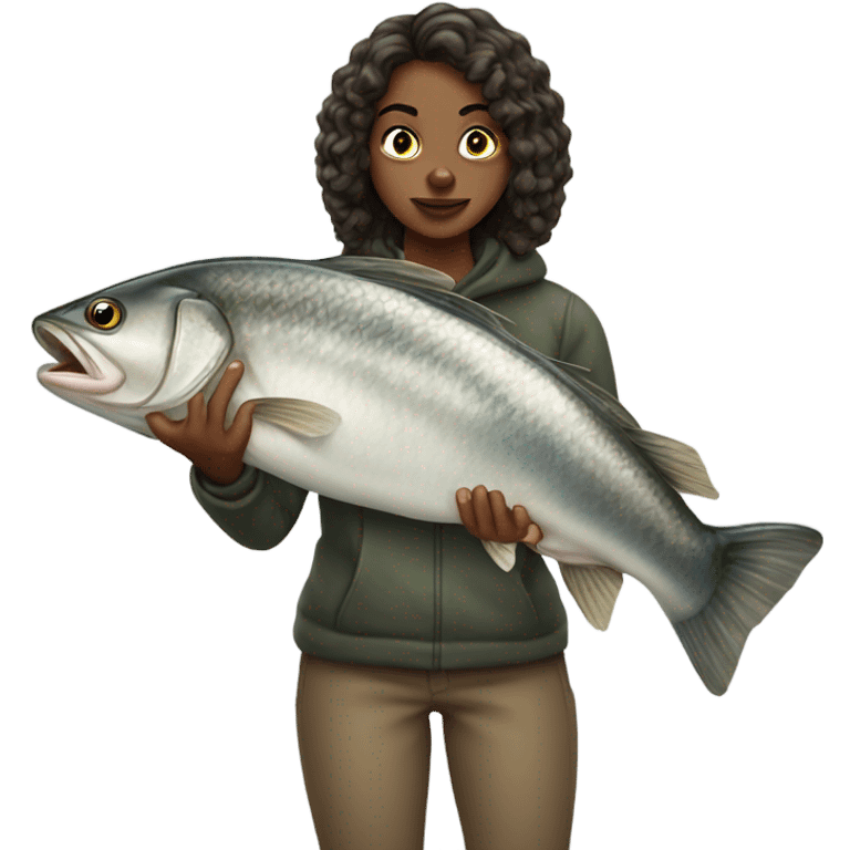 Young woman fishing a big fish emoji