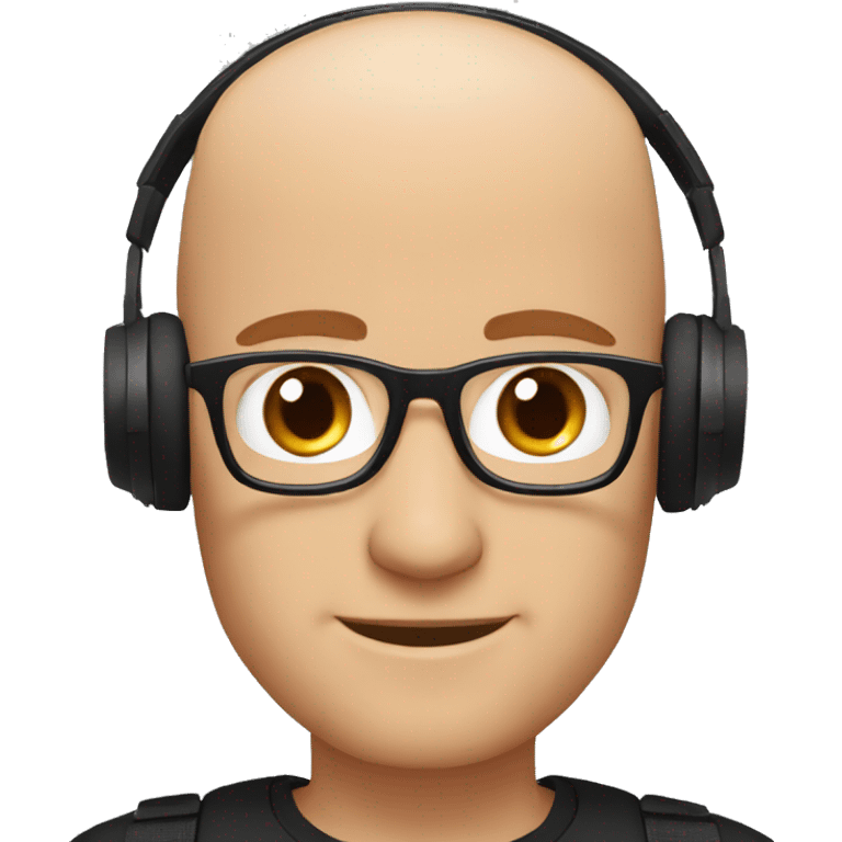 bald man, blue eyes, smiling with red patchy beard, wearing black framed glasses, wearing big black headphones emoji