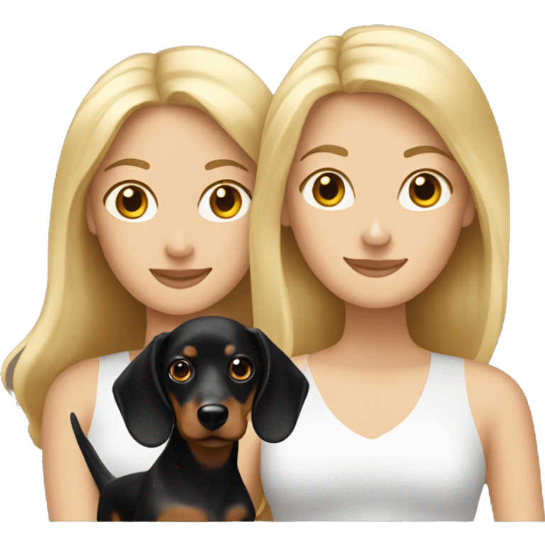 Blonde white woman and Brunette white woman holding black and tan dachshund emoji