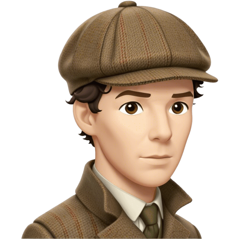 sherlock holmes benedict cumberbatch, wearing a deerstalker hat with the fabric is often tweed, which features a subtle checkered or herringbone pattern with darker and lighter threads woven together, creating texture and depth.  emoji