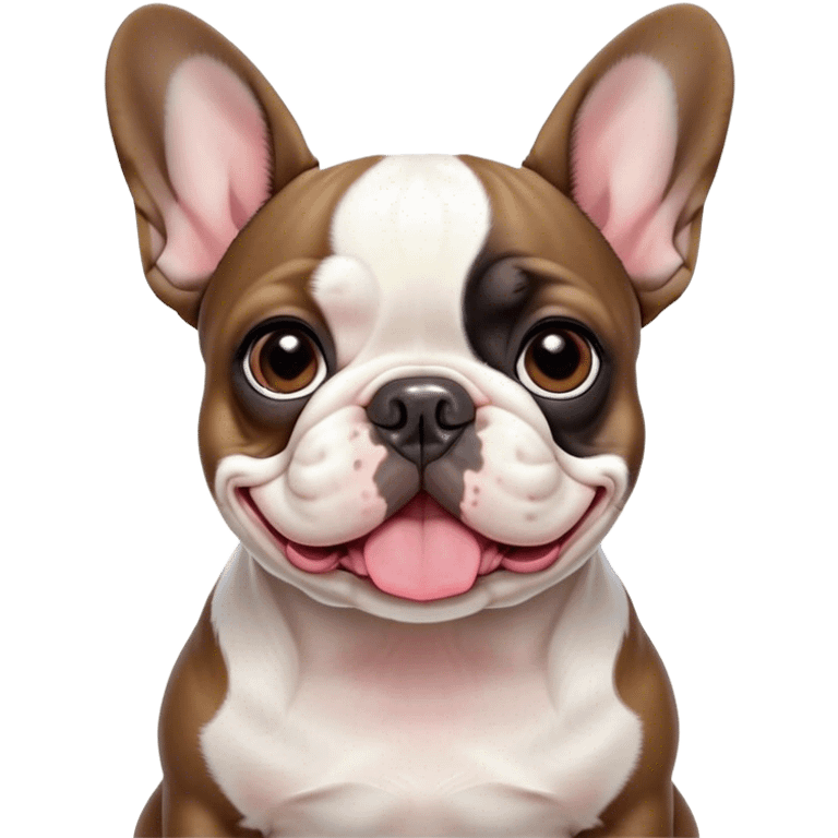 Cinematic Cute Pied French Bulldog Portrait Emoji, Head tilted with a sweet, mischievous grin and large, inviting eyes, featuring a unique pied fur of contrasting colors, simplified yet irresistibly endearing, highly detailed, glowing with a warm, playful radiance, high shine, exuding a quirky charm and affectionate personality, styled with a soft, lighthearted outline, capturing the essence of a cute Pied French Bulldog that looks ready to charm its way into your heart! emoji