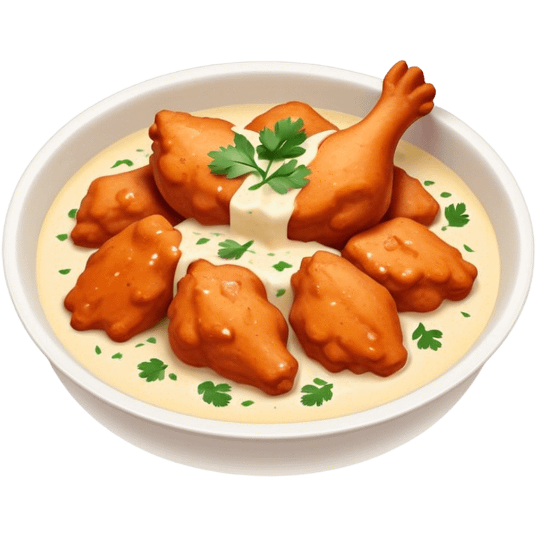 Butter Chicken Cinematic Realistic Butter Chicken Dish Emoji, depicted as tender chicken pieces sliced up and bathed in a creamy white sauce garnished with fresh cilantro, rendered with rich textures and vibrant, appetizing lighting. emoji