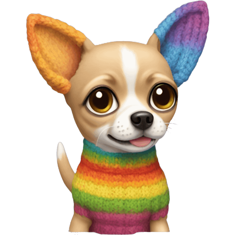 Chihuahua wearing a rainbow knitted sweater with cat ears emoji