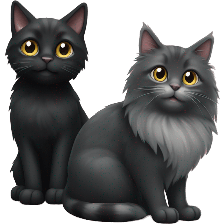 a black little black cat with a nub tail and a grey maincoon sitting together happy emoji