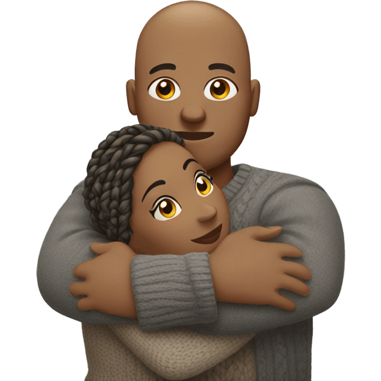 Black bald man in grey sweater hugging a overweight light brown woman with braids in a sweater dress emoji