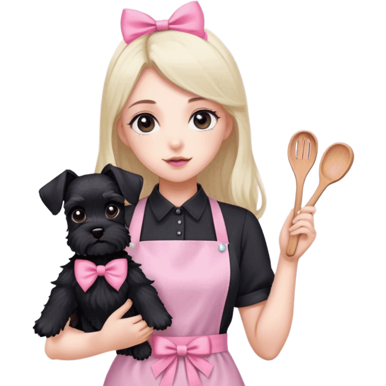 pale girl with long back hair wearing black long shirt wearing apron holding black  schnauzer pink bow emoji