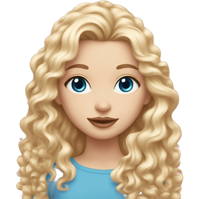 White girl 🧝🏻‍♀️, blue eyes, blond very long curly hair, pink lips. Background long emoji