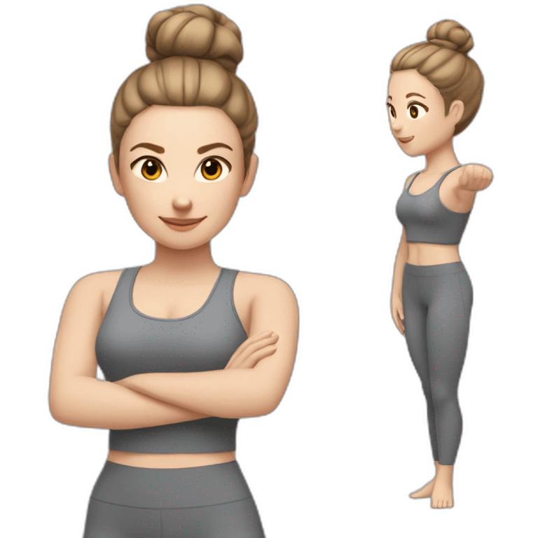 Pale skinned fit woman In a gray tight yoga suit and wristbands With brown hair in a bun  emoji