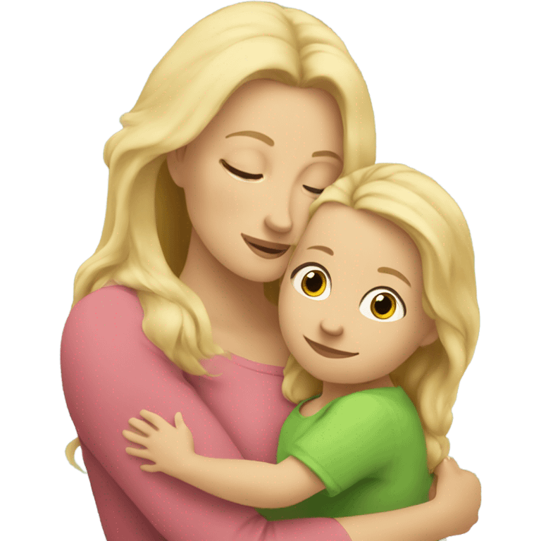 Blonde mom with long hair is hugging her blonde toddler emoji