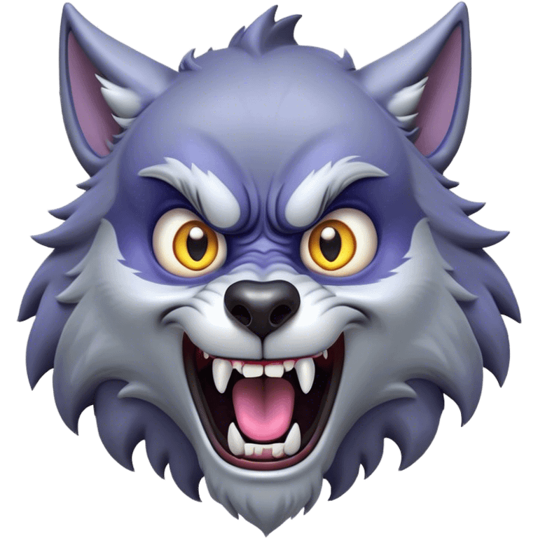 Cinematic Comical Werewolf Portrait Emoji, with a whimsically exaggerated lupine face in vivid moonlit grays and silvers, head cocked in a dramatically shocked expression with comically oversized, wide eyes and a playful snarl, simplified yet hilariously expressive, highly detailed with a soft cartoonish glowing outline capturing the mischievous humor of a werewolf mid-transformation! emoji