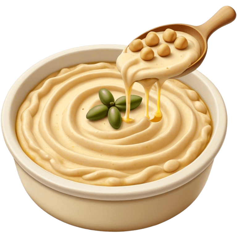 Cinematic Realistic Hummus Dish Emoji, depicted as a creamy chickpea dip drizzled with olive oil rendered with rich textures and warm, inviting lighting. emoji