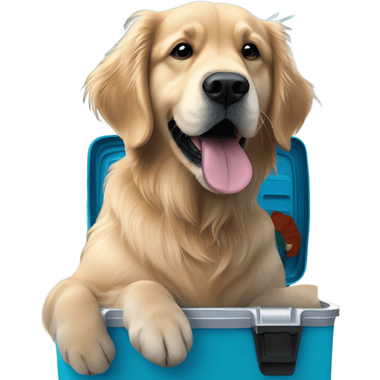 Golden retriever sitting on large blue yeti cooler  emoji