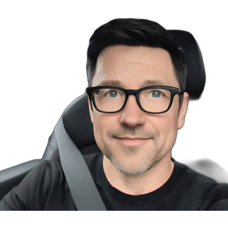 middle-age-lean-white-man-with-black-hair-&-glasses-wearing-black-Tesla-T-shirt,-inside-black-tesla-model-3, at the wheel, front view emoji