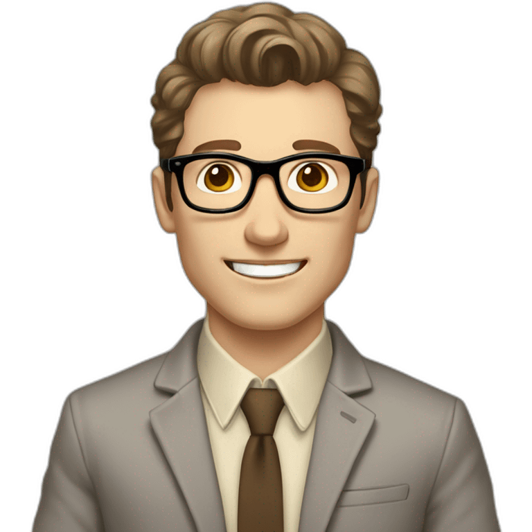 Joyful Pale skinned Fit Man With dark brown hair in gray jacket, beige office shirt, Brown pants and vintage glasses. His thrumbs up emoji