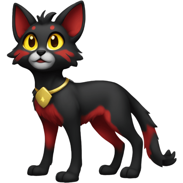 black Shiny Fionbri-Falvie-sparkle-sona with yellow eyes, red edgy markings full body fursona emoji