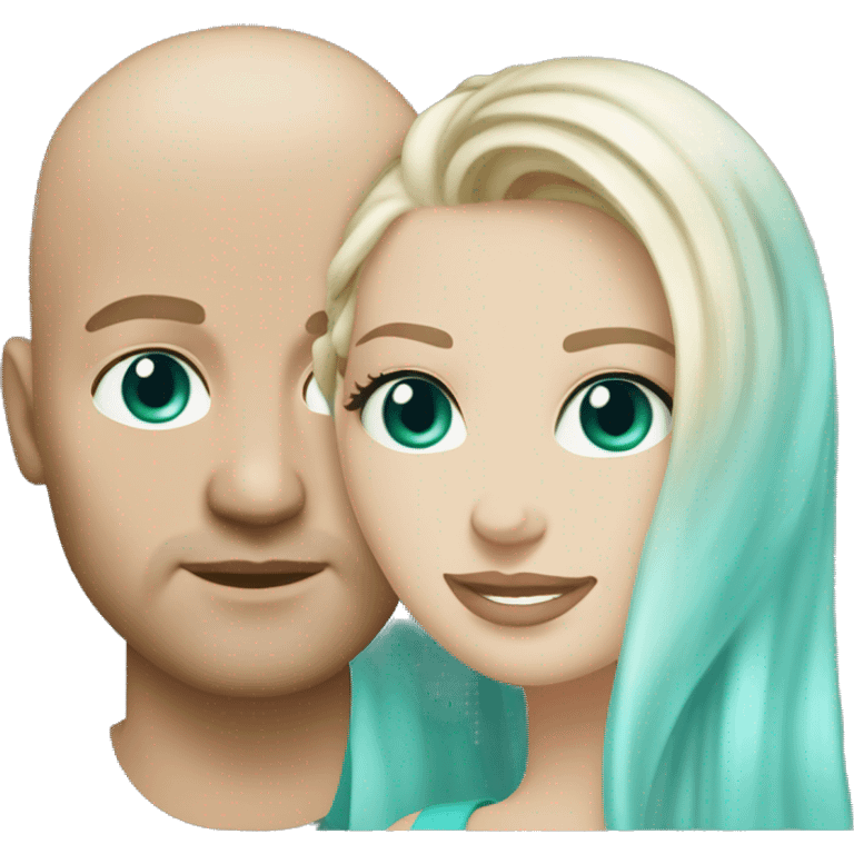 Couple. White skin. Male bald. Aqua eyes. Woman long blonde brown highlight hair. 35. Teal eyes.  emoji