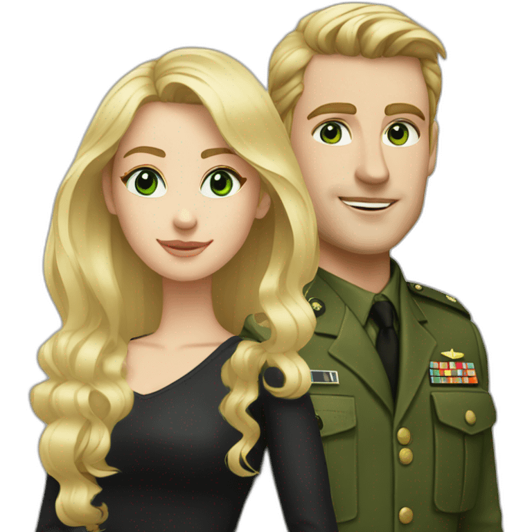 army blond white guy and blond long hair girl with green eyes in black dress emoji