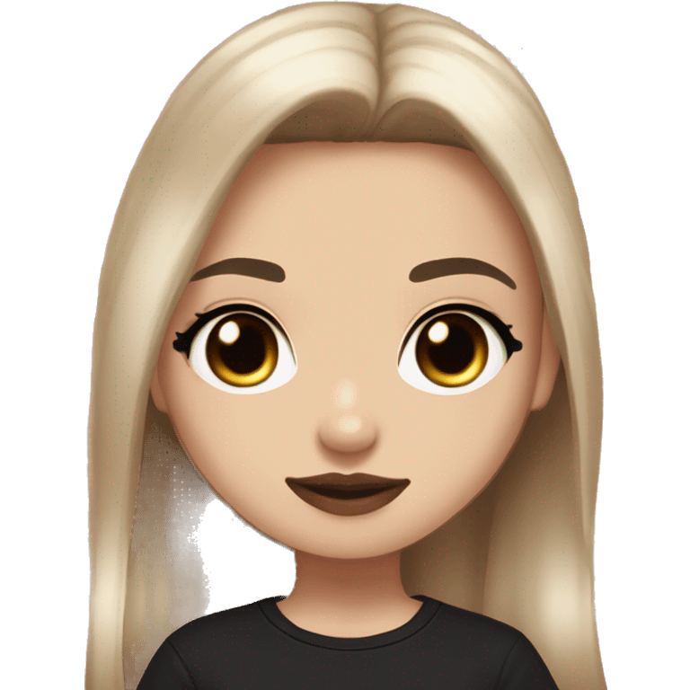 Slavic girl, light skin, goth eyes makeup, pink beige lips, brown eyes, long black-to-blonde ombre straight hair, black T-shirt, chibi, smiling. emoji