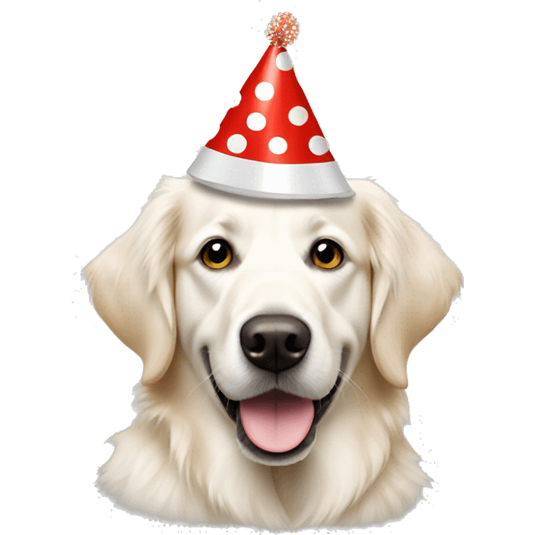 White golden retriever wearing polka dot party hat emoji