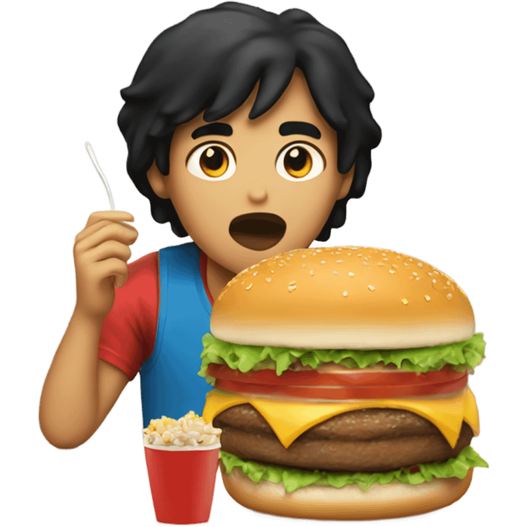 Boy with black hair to his shoulders eating a large burger  emoji