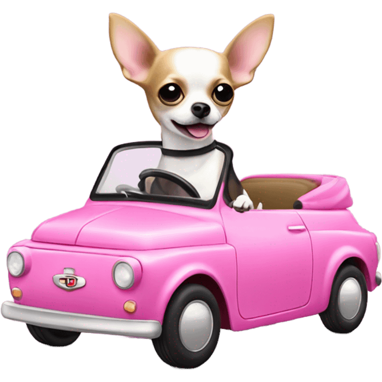 Black and white Chihuahua driving pink Fiat emoji