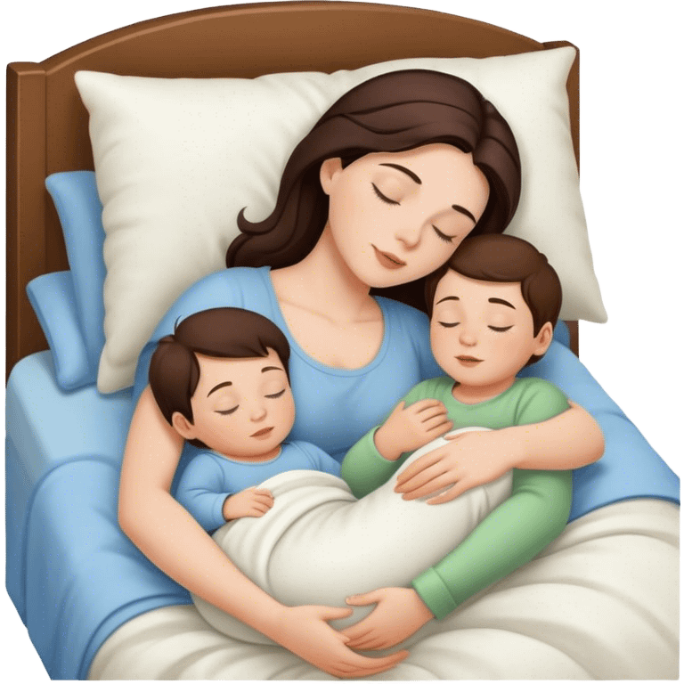 Brunette white beauty sleeping with toddler boy and baby boy in bed  emoji