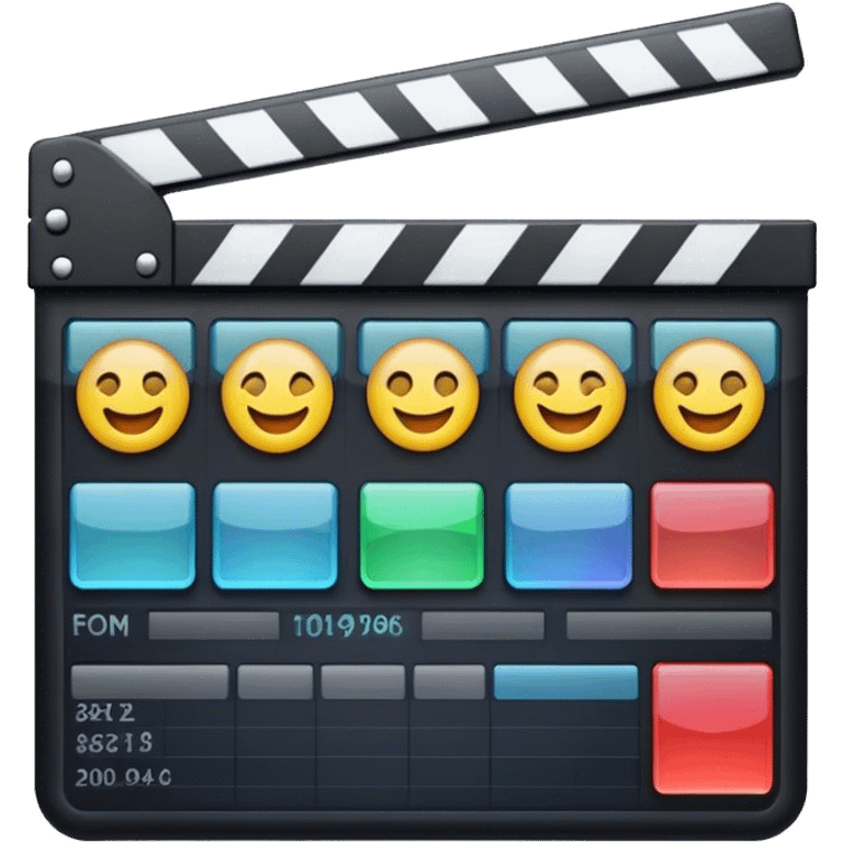 Create an emoji representing video editing. The design should feature a video editing software interface with a visible timeline, video clips, and audio tracks. Include elements like a film strip or a clapperboard to represent the filmmaking aspect. No smiley faces. Make the background transparent. emoji