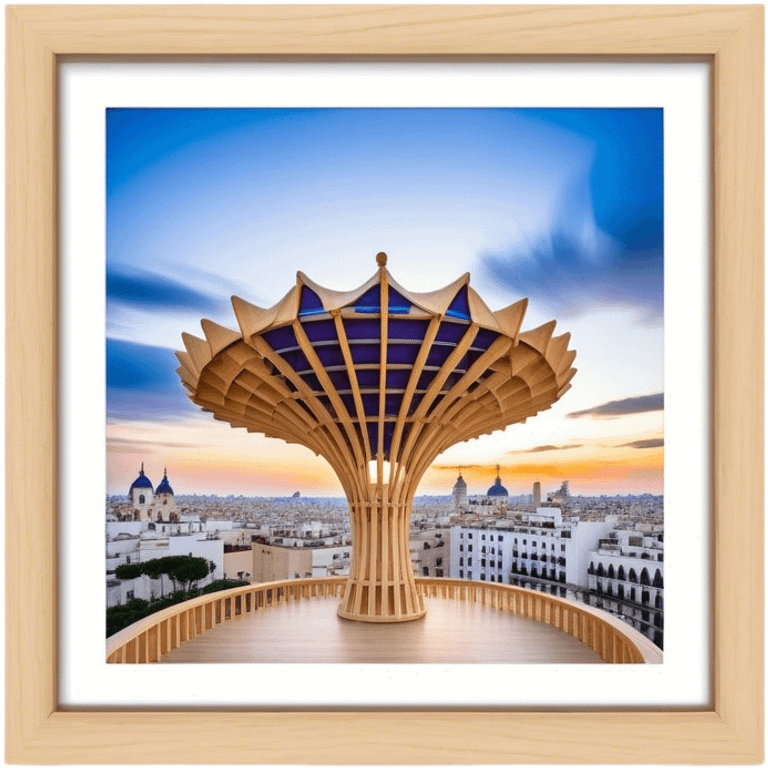 Cinematic Realistic Metropol Parasol Landmark Emoji, depicted with a modern wooden structure set against a vibrant cityscape rendered with detailed textures and dynamic, contemporary lighting. emoji