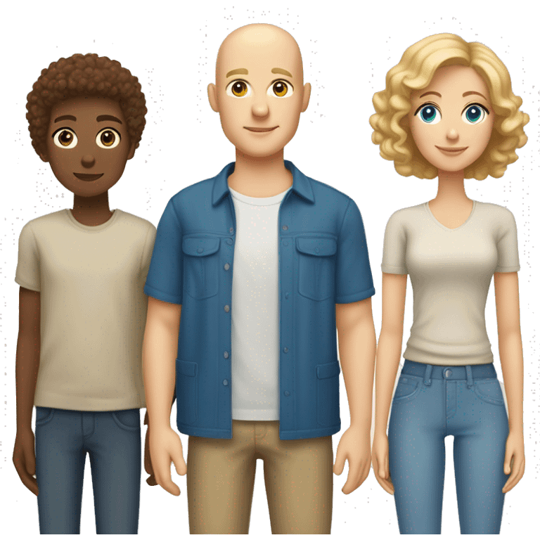 family with four people, all light skinned, dad bald, mom light brown short curly hair, son blond short short curly hair,  and daughter dark blond shoulder length hair all have blue eyes don't need bodies emoji