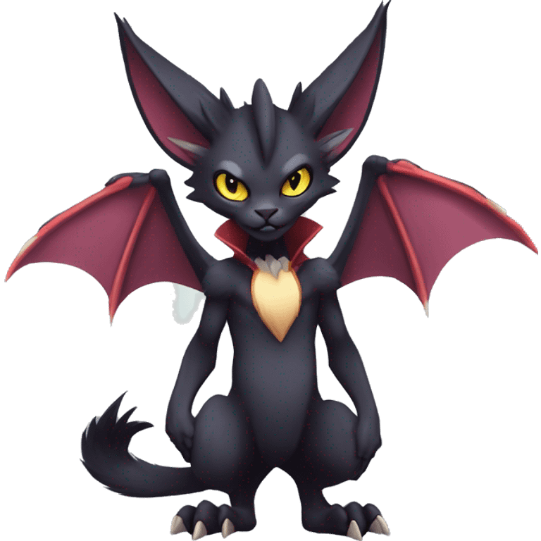 Black cool vampiric Noivern-Litten-Lykoi-Caracal-Fakemon with big bat ears full-body emoji