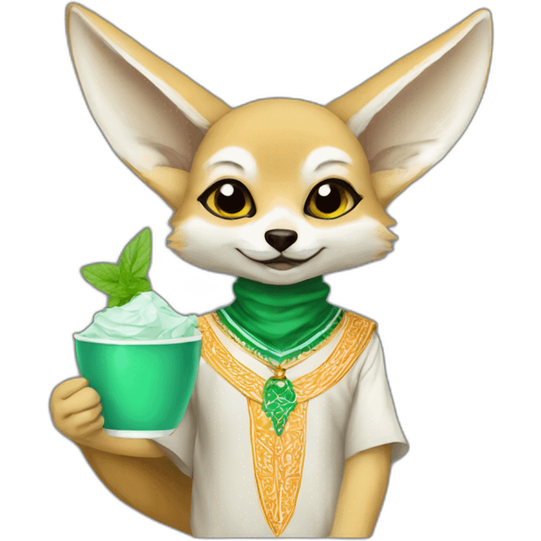 Algerian fennec wearing algerian clothes holding cup of mint tee emoji