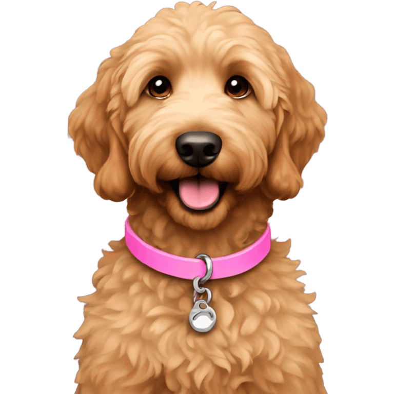 Mini brown female golden doodle pink collar emoji