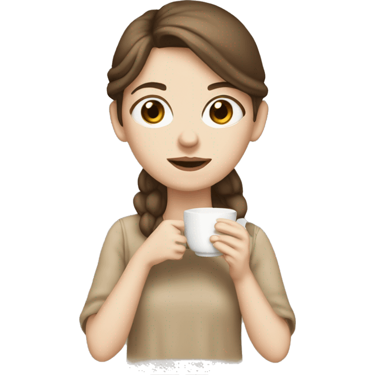 pale Girl with brown hair sipping tea, beige colors emoji