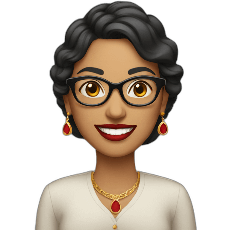 an Indian female with glasses smiling and red lipstick on emoji