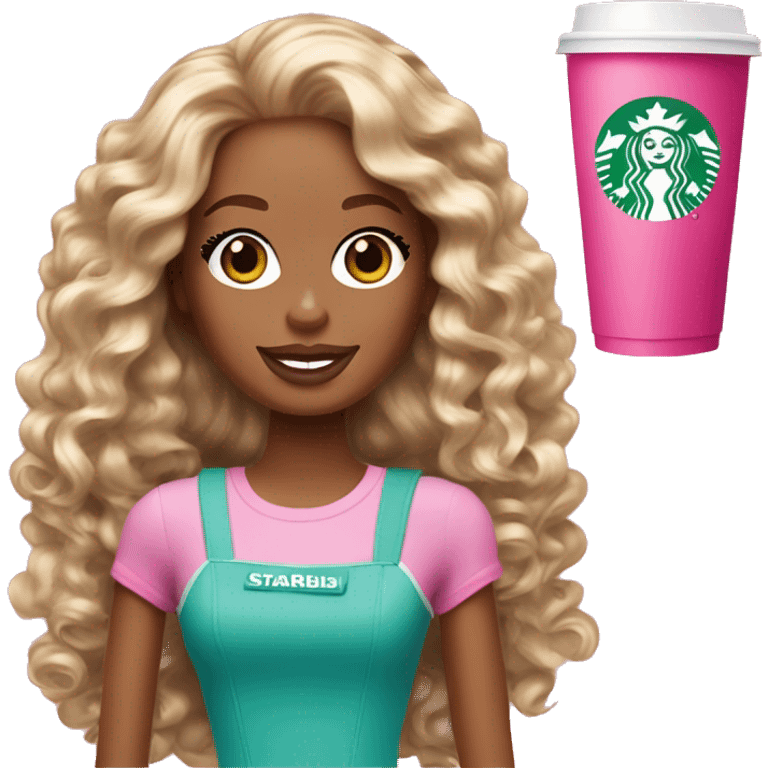 Barbie girl with brown and blonde long curly hair holding Pink starbucks refresher emoji