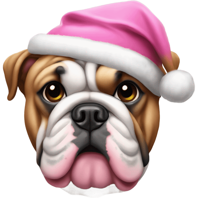 English bulldog wearing a pink Christmas outfit and hat  emoji